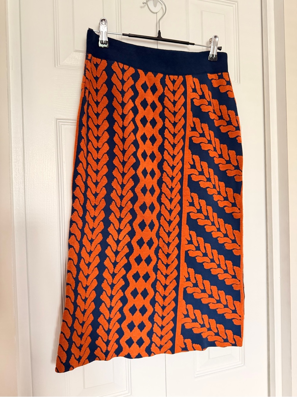 Maeve by Anthropologie- Navy and Orange Patterned Knit Midi Skirt